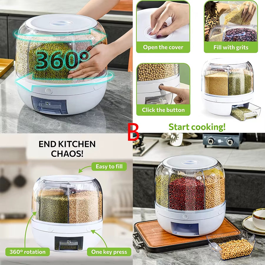 360° Rotating 6-Grid Food Dispenser - Airtight Kitchen Storage Container for Grains, Cereal & Dry Goods