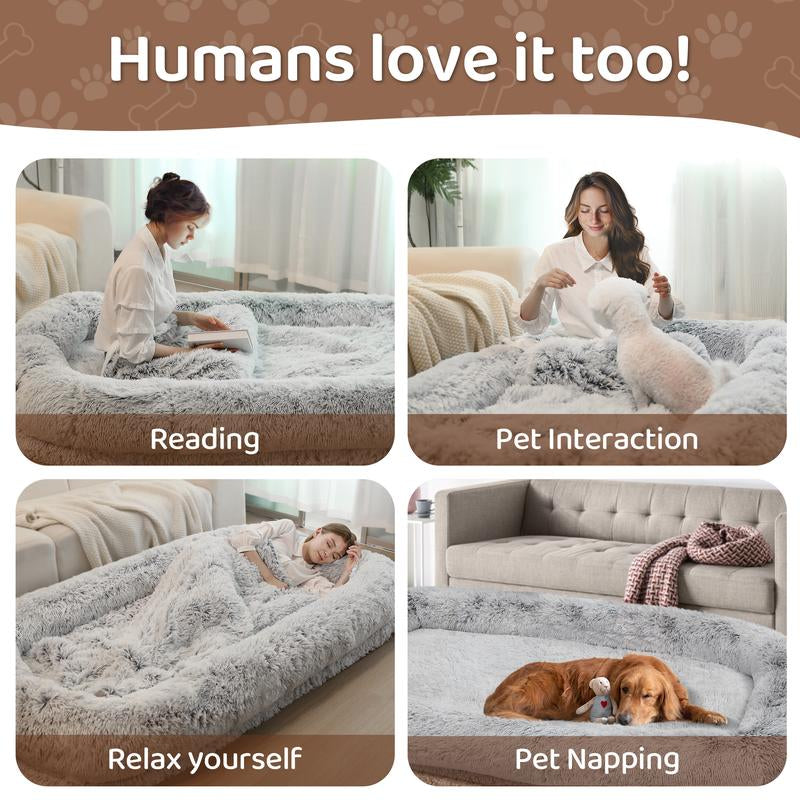 Human Dog Bed for Adults Extra Large 46"X10"X76" Orthopedic Bed W Removable Cover Comfy Relaxing Nap Bed , Black, Grey, Light Grey , Puppy Waterproof Faux Fur Sturdy Bolst
