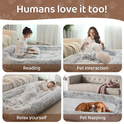 Human Dog Bed for Adults Extra Large 46"X10"X76" Orthopedic Bed W Removable Cover Comfy Relaxing Nap Bed , Black, Grey, Light Grey , Puppy Waterproof Faux Fur Sturdy Bolst