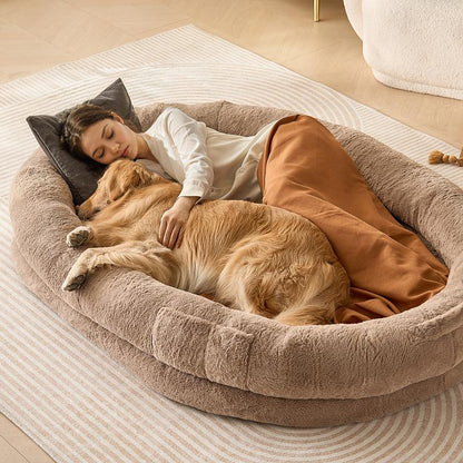 VEVOR Human Dog Bed, , 72" X48"X10" Human Dog Bed for Adult, Human Size Dog Bed with Washable Faux Rabbit Fur Cover, Egg Orthopedic Foam, Storage Pocket, Large Dog Bean Bed, Brown