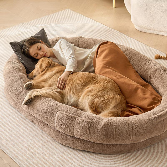 VEVOR Human Dog Bed, , 72" X48"X10" Human Dog Bed for Adult, Human Size Dog Bed with Washable Faux Rabbit Fur Cover, Egg Orthopedic Foam, Storage Pocket, Large Dog Bean Bed, Brown