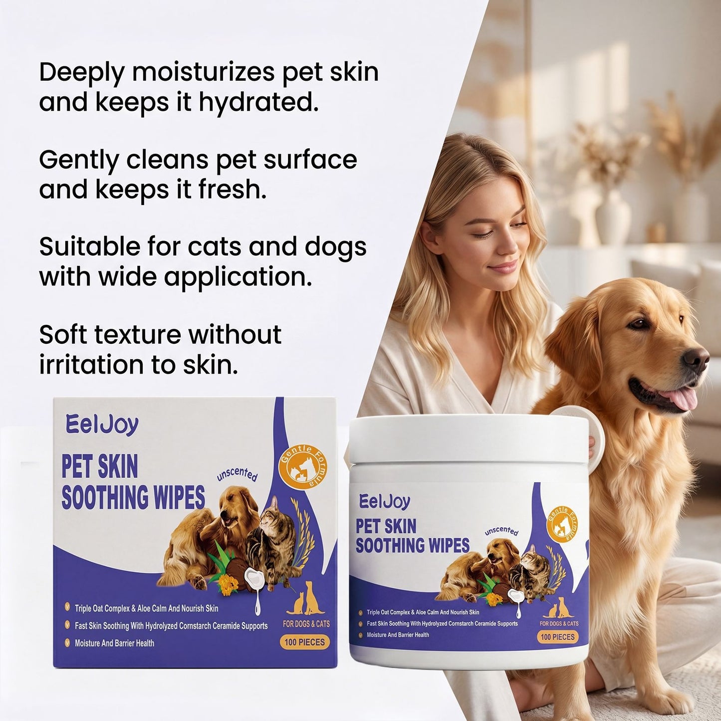 Pet skin soothing wipes for dogs and cats