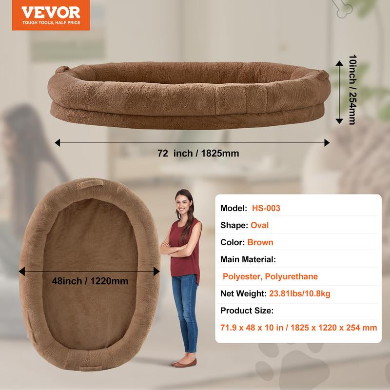 VEVOR Human Dog Bed, , 72" X48"X10" Human Dog Bed for Adult, Human Size Dog Bed with Washable Faux Rabbit Fur Cover, Egg Orthopedic Foam, Storage Pocket, Large Dog Bean Bed, Brown