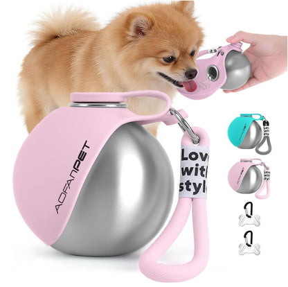Portable dog water bottle with bowl and waste bag dispenser