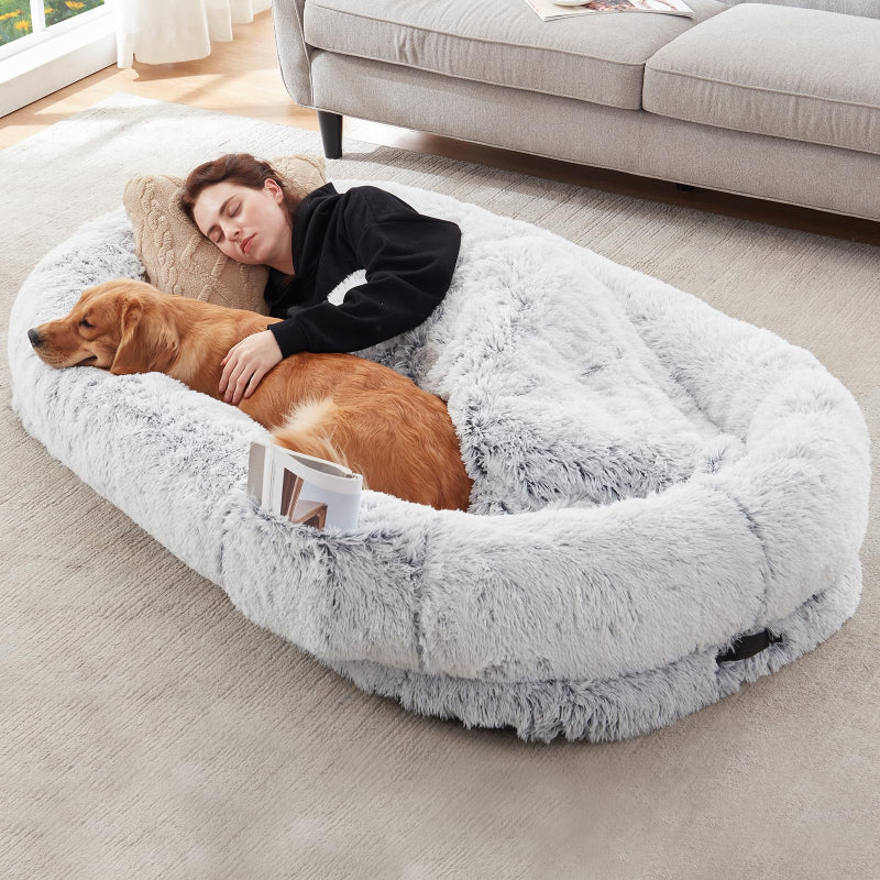 Human Dog Bed, 63''X31.4''X9.5'' Size Fits You and Pets, Washable Faux Fur Dog Bed for People Doze Off, Napping Orthopedic Dog Bed, Present Plump Pillow, Blanket, Strap - Grey