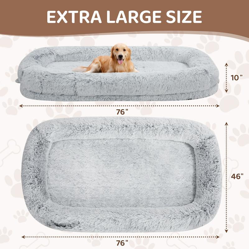Human Dog Bed for Adults Extra Large 46"X10"X76" Orthopedic Bed W Removable Cover Comfy Relaxing Nap Bed , Black, Grey, Light Grey , Puppy Waterproof Faux Fur Sturdy Bolst