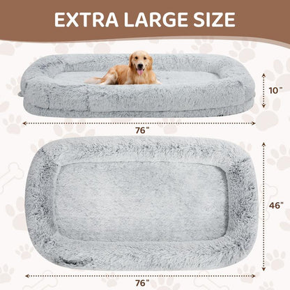 Human Dog Bed for Adults Extra Large 46"X10"X76" Orthopedic Bed W Removable Cover Comfy Relaxing Nap Bed , Black, Grey, Light Grey , Puppy Waterproof Faux Fur Sturdy Bolst