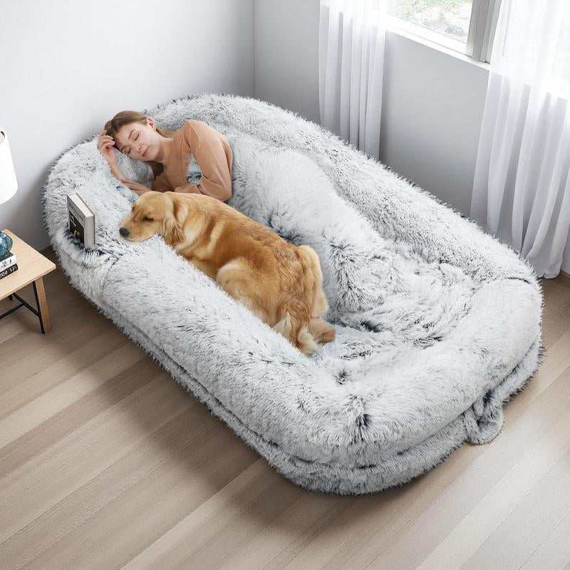 Human Dog Bed for Adults Extra Large 46"X10"X76" Orthopedic Bed W Removable Cover Comfy Relaxing Nap Bed , Black, Grey, Light Grey , Puppy Waterproof Faux Fur Sturdy Bolst