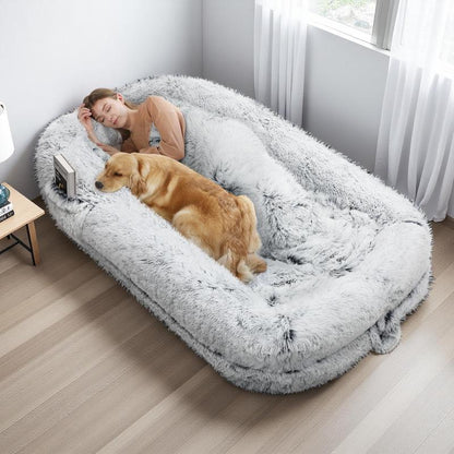 Human Dog Bed for Adults Extra Large 46"X10"X76" Orthopedic Bed W Removable Cover Comfy Relaxing Nap Bed , Black, Grey, Light Grey , Puppy Waterproof Faux Fur Sturdy Bolst