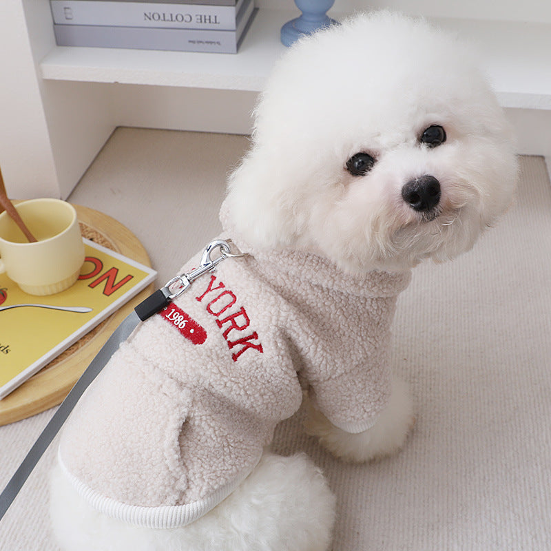 Retro New York Style Embroidered Hoodie With Leash Attachment For Small Dogs