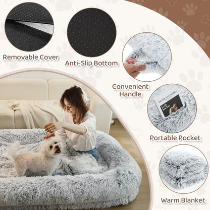 Human Dog Bed for Adults Extra Large 46"X10"X76" Orthopedic Bed W Removable Cover Comfy Relaxing Nap Bed , Black, Grey, Light Grey , Puppy Waterproof Faux Fur Sturdy Bolst
