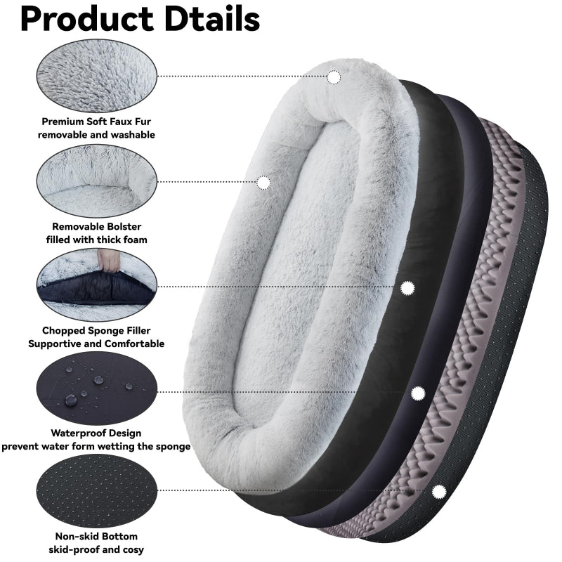 Human Dog Bed, 63''X31.4''X9.5'' Size Fits You and Pets, Washable Faux Fur Dog Bed for People Doze Off, Napping Orthopedic Dog Bed, Present Plump Pillow, Blanket, Strap - Grey