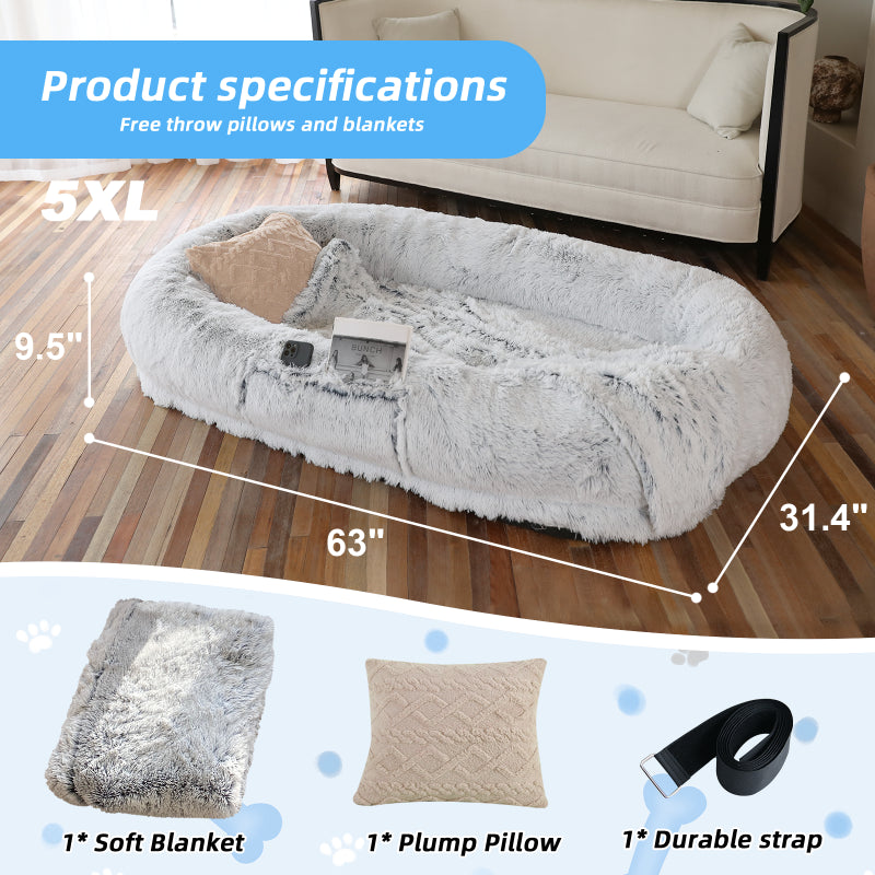 Human Dog Bed, 63''X31.4''X9.5'' Size Fits You and Pets, Washable Faux Fur Dog Bed for People Doze Off, Napping Orthopedic Dog Bed, Present Plump Pillow, Blanket, Strap - Grey