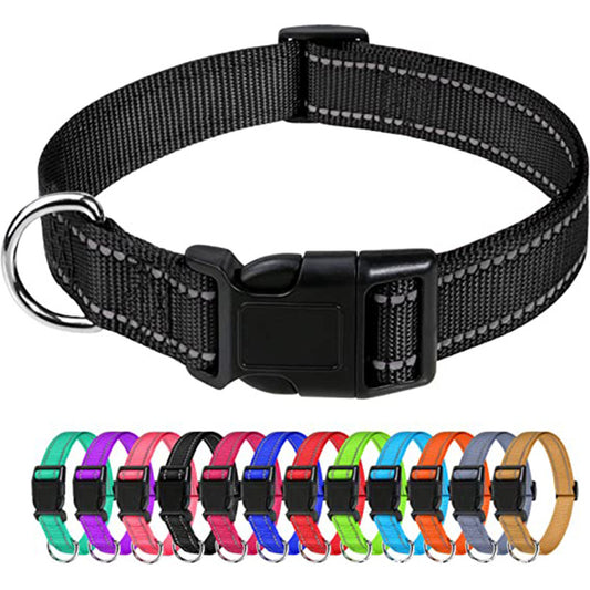 Reflective adjustable dog collar with quick-release buckle