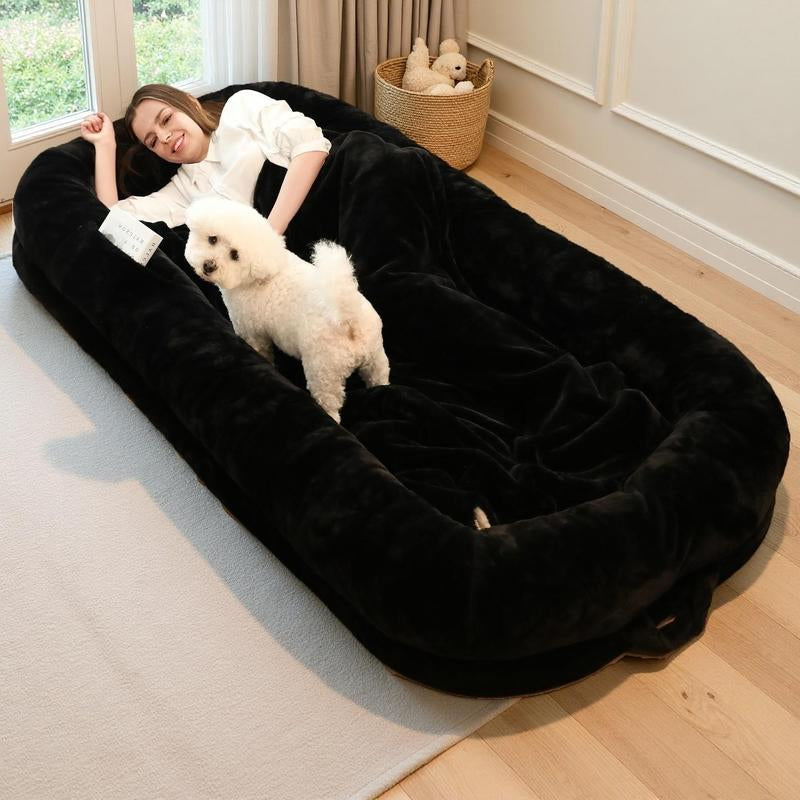Human Dog Bed for Adults Extra Large 46"X10"X76" Orthopedic Bed W Removable Cover Comfy Relaxing Nap Bed , Black, Grey, Light Grey , Puppy Waterproof Faux Fur Sturdy Bolst