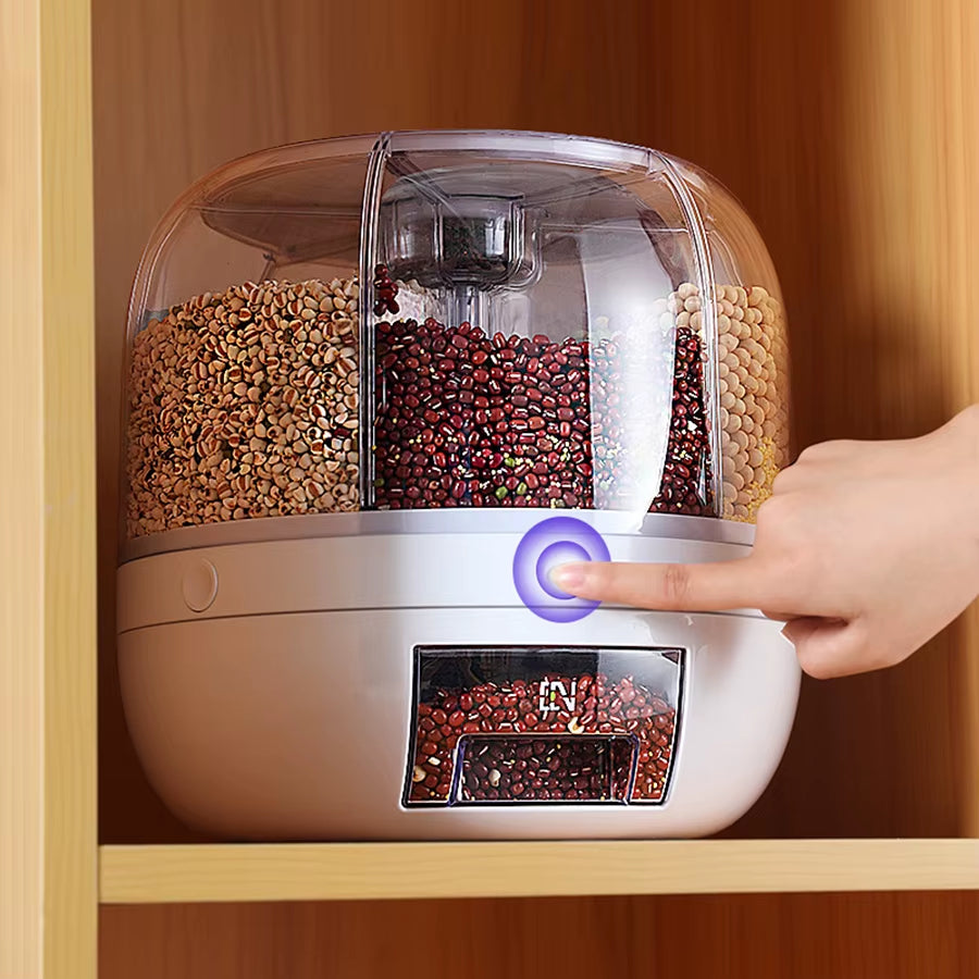 360° Rotating 6-Grid Food Dispenser - Airtight Kitchen Storage Container for Grains, Cereal & Dry Goods
