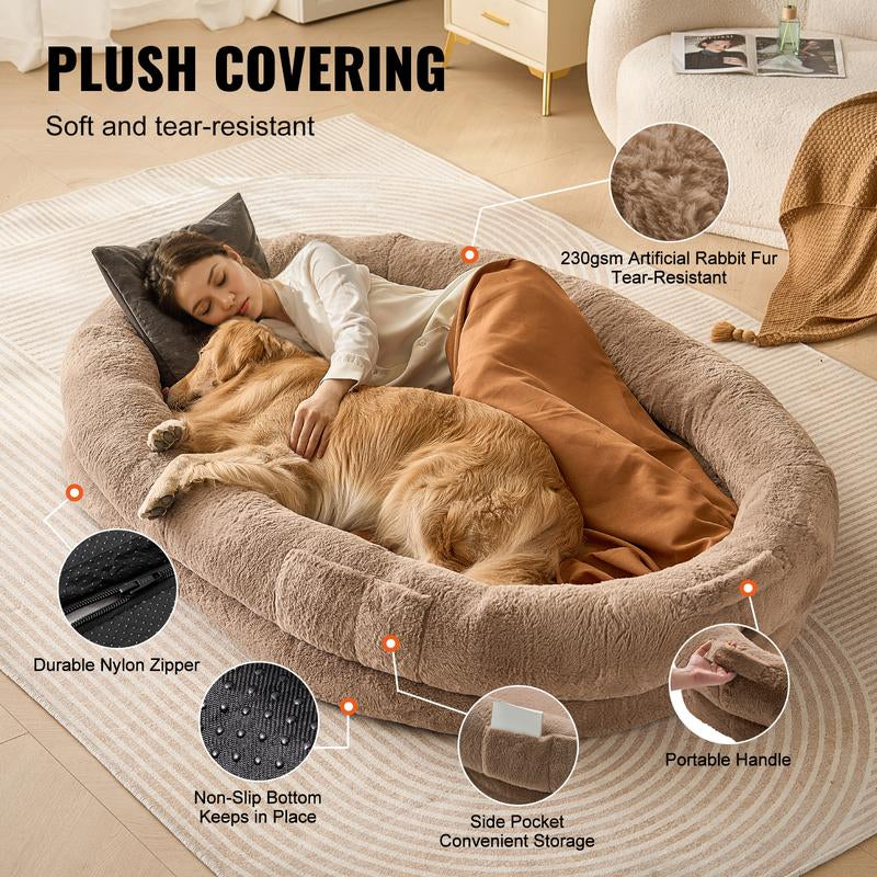 VEVOR Human Dog Bed, , 72" X48"X10" Human Dog Bed for Adult, Human Size Dog Bed with Washable Faux Rabbit Fur Cover, Egg Orthopedic Foam, Storage Pocket, Large Dog Bean Bed, Brown