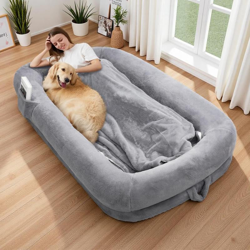 Human Dog Bed for Adults Extra Large 46"X10"X76" Orthopedic Bed W Removable Cover Comfy Relaxing Nap Bed , Black, Grey, Light Grey , Puppy Waterproof Faux Fur Sturdy Bolst