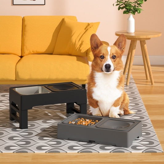Elevated double dog bowls on adjustable stainless steel stand