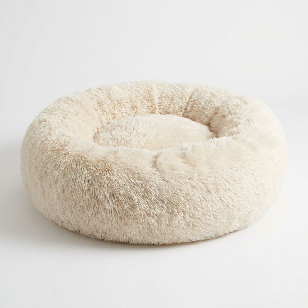 Cozy calming donut dog bed in cream faux fur